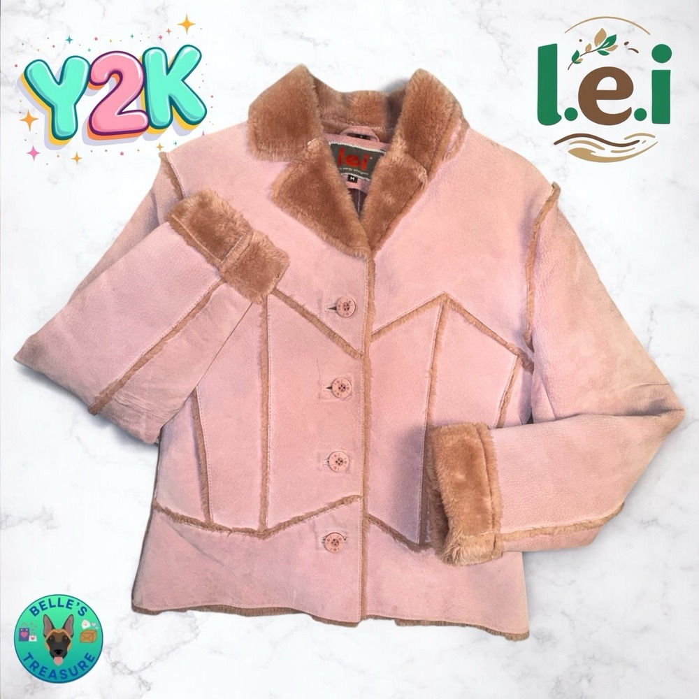 Y2K VTG l.e.i. Jacket Women Medium Pink Suede Leather Fur Trim Phoebe Friends